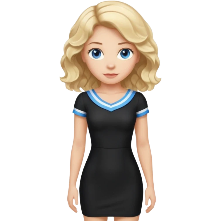 woman with blond wavy hair, tight black dress with a white line at the top, blue eyes, standing pose emoji