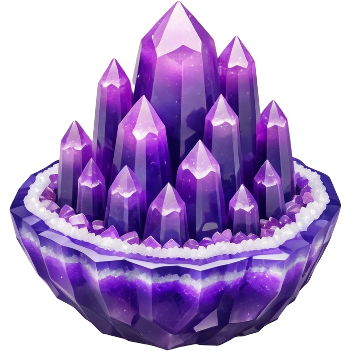 3D render of Rock Candy Geode, made entirely of dessert materials, glistening sugar crystal texture, jagged translucent purple sugar crystals, delicious confectionery aesthetic, Apple emoji style, isolated on white background --v 6.0. emoji