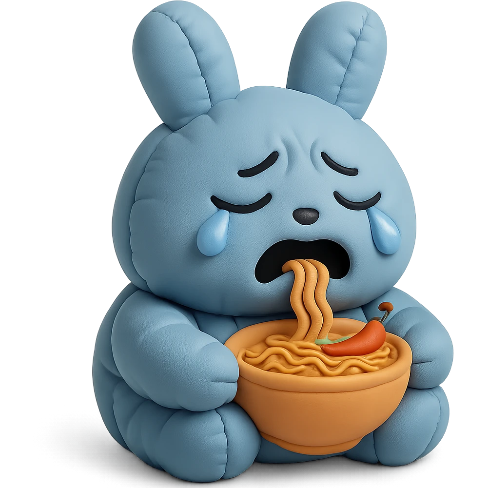blue bunny crying while eating spicy ramen, cushion style emoji