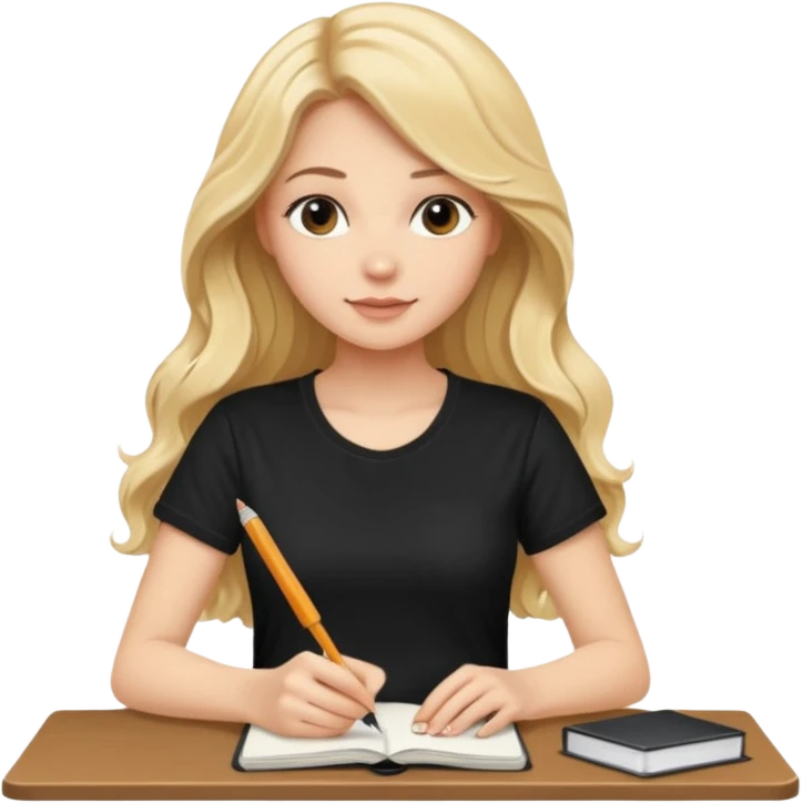 A beautiful blonde with long wavy hair in a black T-shirt sits and writes in a diary with a brown pen. emoji