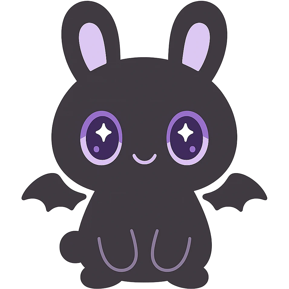 kawaii style gothic bunny, cute face, black fur, purple eyes, tiny bat wings, playful and mysterious emoji
