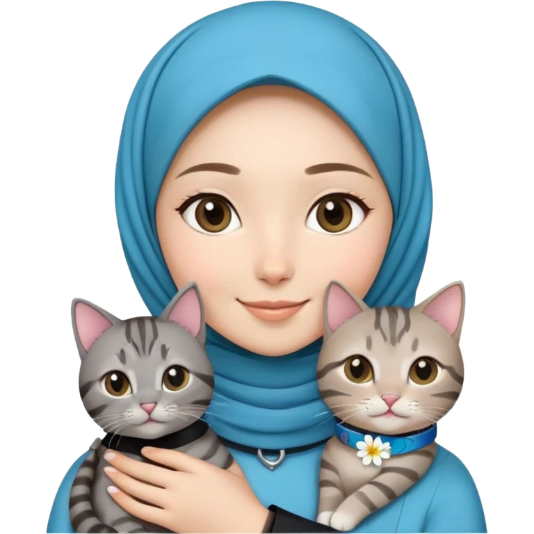 Asian White girl wearing flower (hijab)  holding a black grey tabby cat while smiling.  The cat is wearing a blue collar emoji