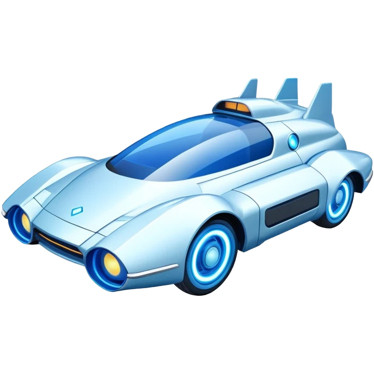 Futuristic retro hover car with angular design and glowing blue wheels, flat vector style, minimal color palette with blue highlights emoji