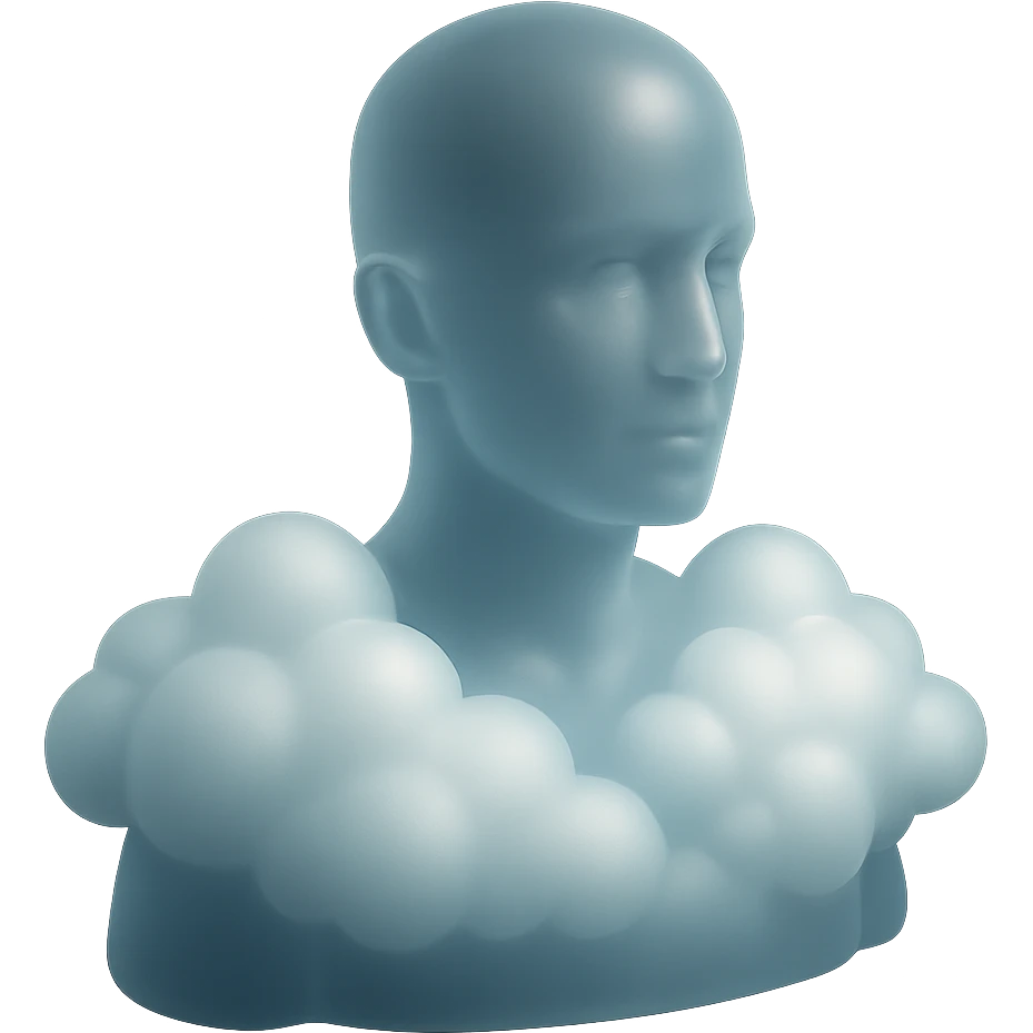 person looking straight ahead, shoulders filled with convex white fluffy clouds, matte glass style emoji