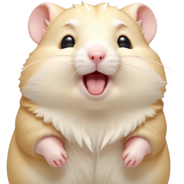 Cinematic Cute Yawning Cream Hamster Portrait Emoji, Head tilted slightly with a dramatic, wide-open yawn, showcasing a soft, pristine cream coat with tiny droopy ears, round dark eyes barely open in drowsy contentment, Simplified yet irresistibly adorable features, highly detailed, glowing with a soft, cozy glow, high shine, relaxed yet expressive, stylized with a touch of whimsy, bright and endearing, soft glowing outline, capturing the essence of a sleepy yet affectionate hamster, so drowsy it feels like it could stretch out of the screen and curl up for a nap! emoji