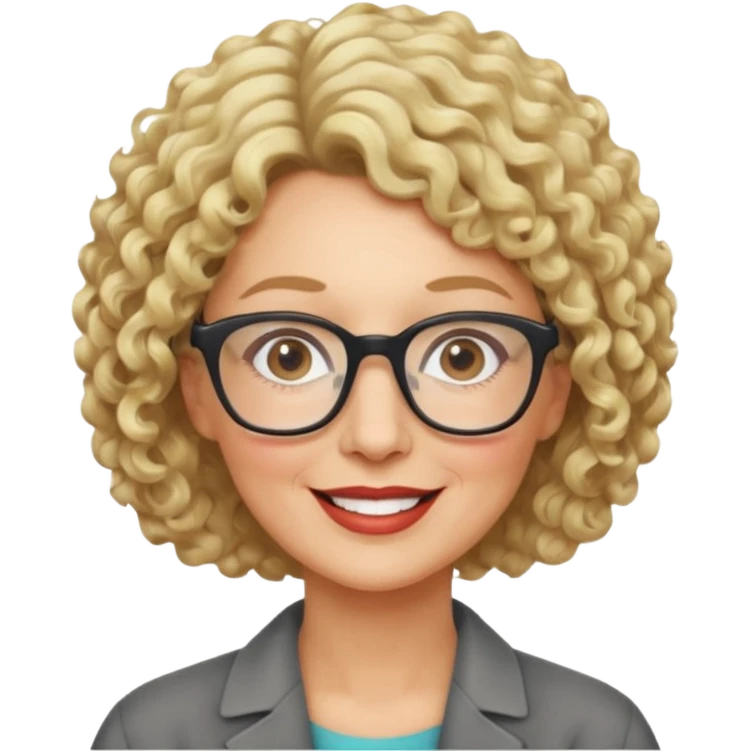woman in her 50s, short curly blonde hair, wearing glasses, cheerful look emoji