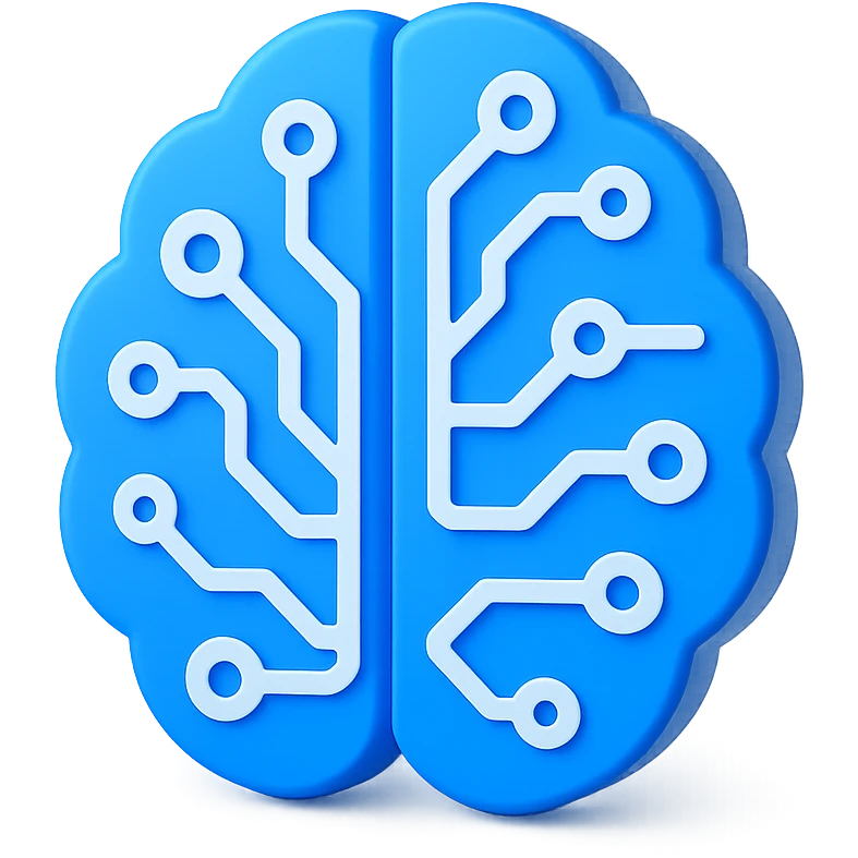 3D blue style icon representing artificial intelligence, stylized brain with digital circuit patterns, futuristic and clean, no text emoji