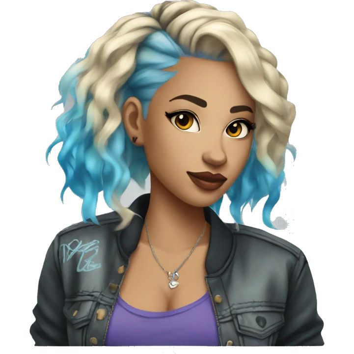 Lady wearing trendy graffiti street clothes with blonde hair with highlights and a blue dyed hair streak and tattoos emoji
