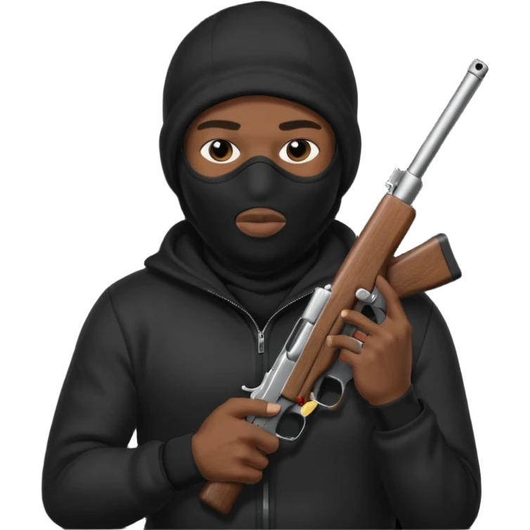 black guy thug with ski mask and gun wearing black shirt emoji