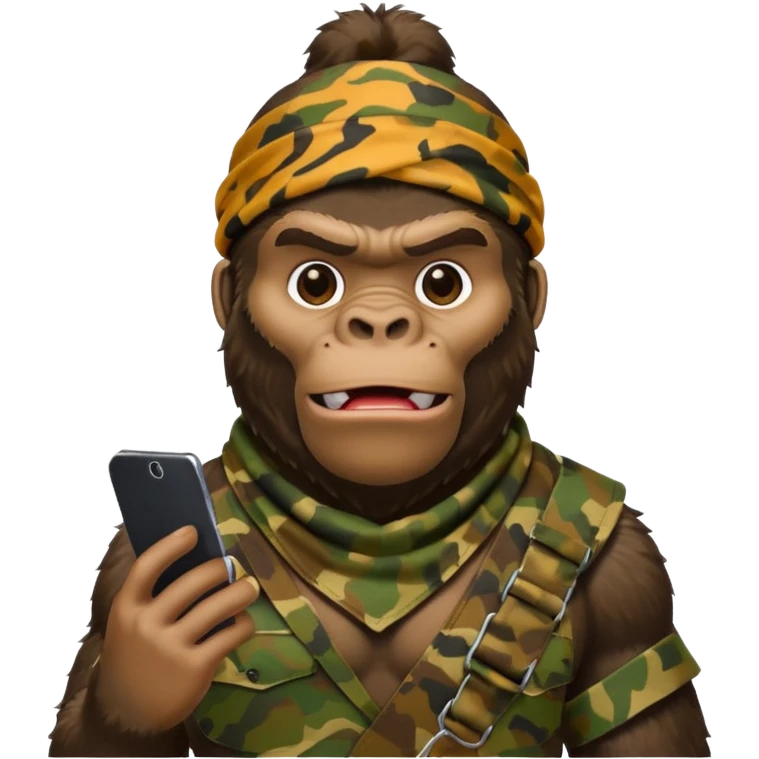 King Kong with a cell phone emojie wearing a camouflage bandana emoji