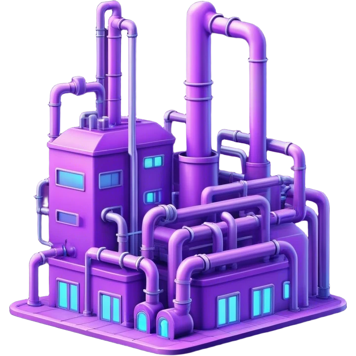 AI-powered factory. It should be a building with pipes. Add violet neon glowing symbolizing power of AI emoji
