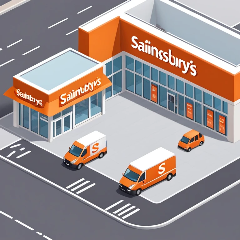 Isometric Sainsbury's store with distinctive orange logo, Argos section inside, self-checkout area visible through windows, and delivery vans emoji