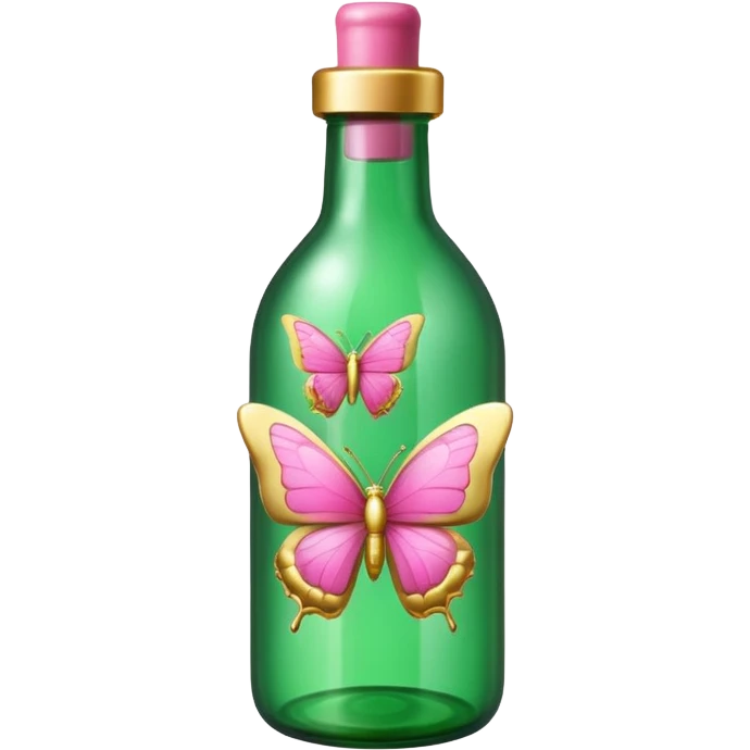 bright detailed green bottle with gold and pink butterflies, emoji style emoji