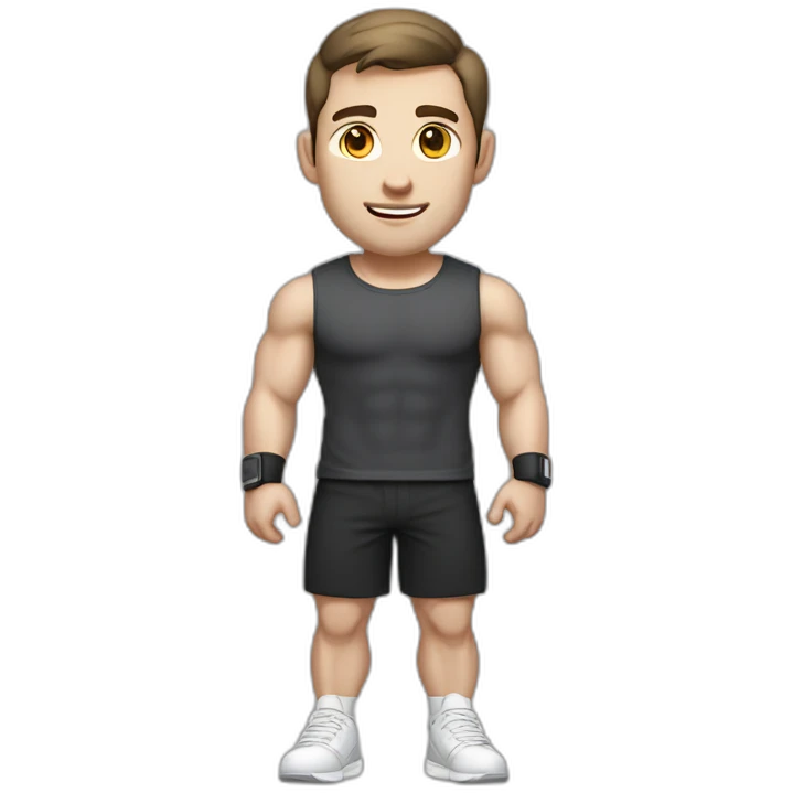 Pale skinned Fit Man With the biceps and dark brown hair in black shirt, gray sports shorts and white Sneakers emoji