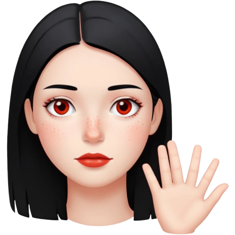 young woman with straight black hair, minimal makeup, and scattered red freckles emoji