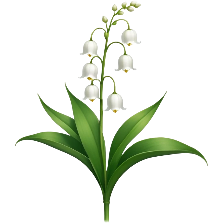 Botanically accurate lily of the valley with large oval basal leaves pointing upward, and a central stem with small white bell-shaped flowers hanging to one side emoji