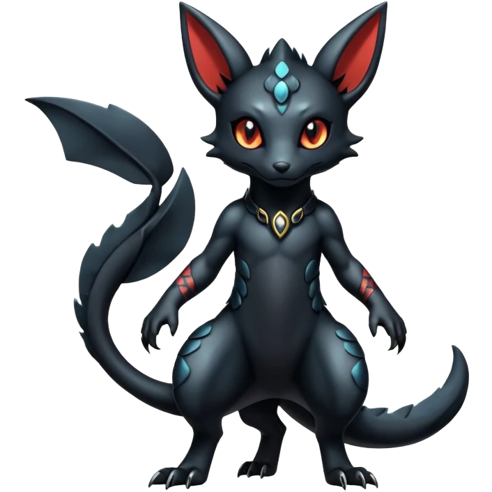 Shiny Dark Cute Majestic Sophisticated Modern Gothic Gloomy Futuristic Scaly Cyber-Salandit-Umbreon-Litten-Hybrid (Full body) emoji