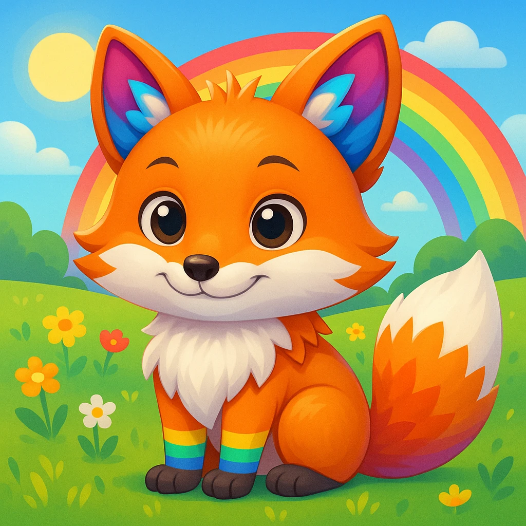 Add a colorful outdoor background, like a sunny meadow with flowers, to the cute fox with a rainbow in emoji style. Maintain the emoji style look. emoji