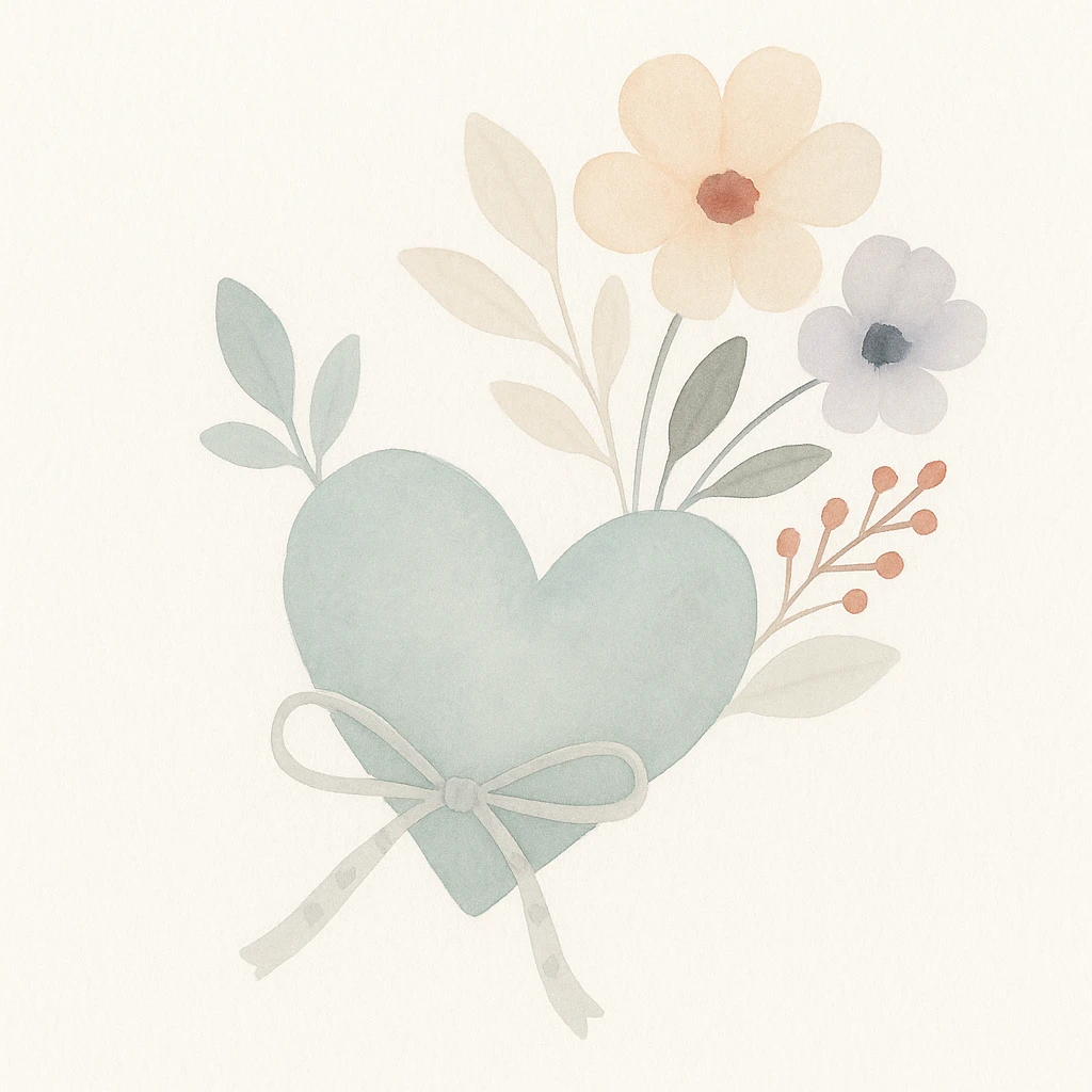 watercolor heart with flowers, silver bow with heart pattern on the bow, watercolor style emoji