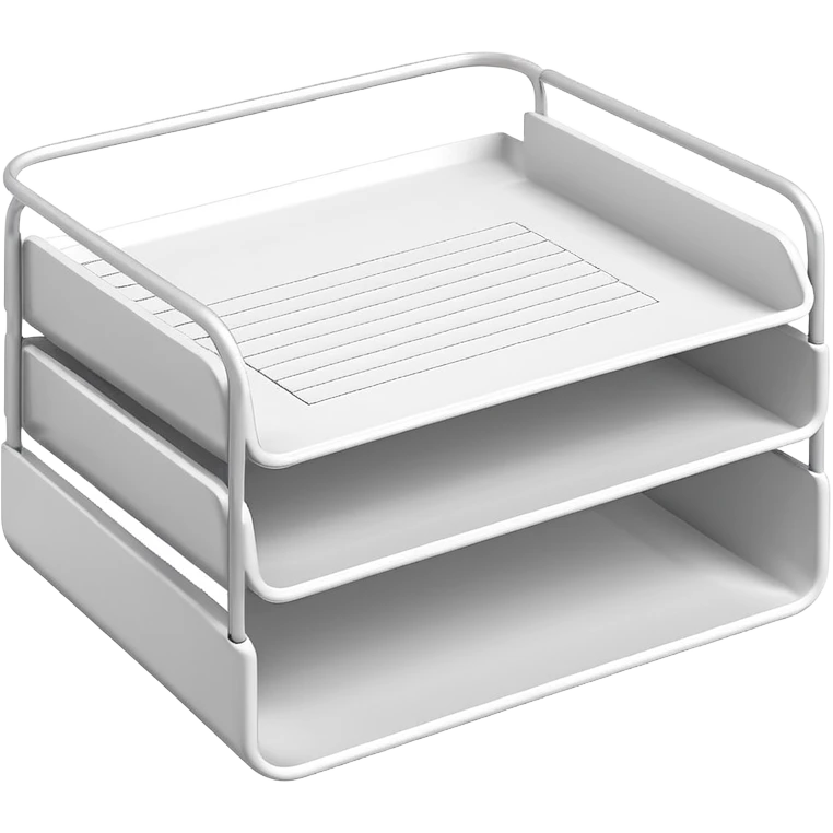 A minimal, clean emoji-style illustration of a white metal desk paper organizer tray, shown in slight isometric view so its structure is readable at a small scale. The organizer is rectangular with rounded corners, made of thin white metal wires, forming two to three stacked horizontal slots.
 emoji