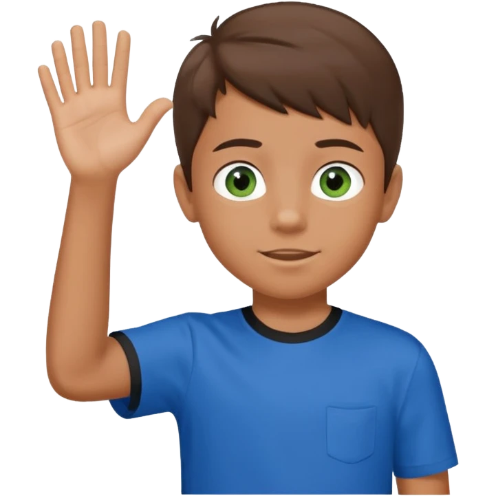 Boy 10 years old, with overgrown brown hair,with a with black and green eyes in a blue T-shirt, waves his hand emoji