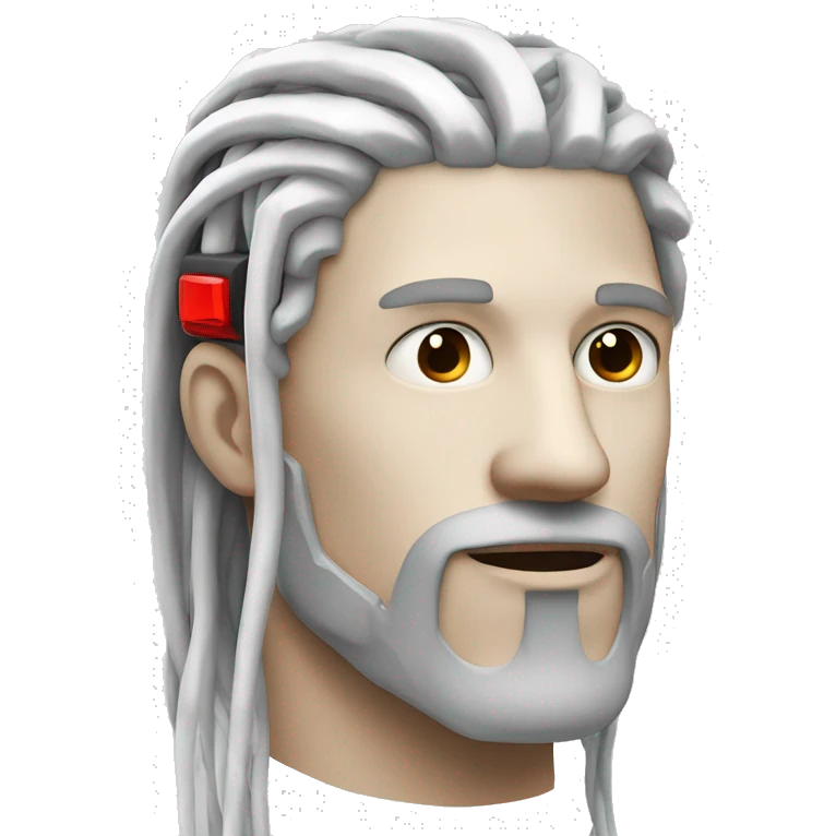 White long hair and goatee male cyborg head with red skin and wires  emoji