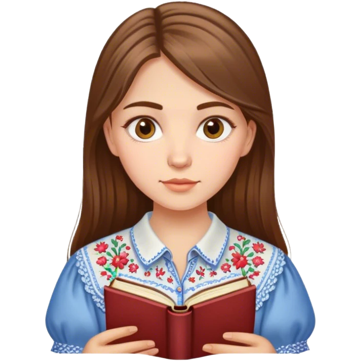 A Ukrainian girl with brown hair in an embroidered shirt reads a book emoji