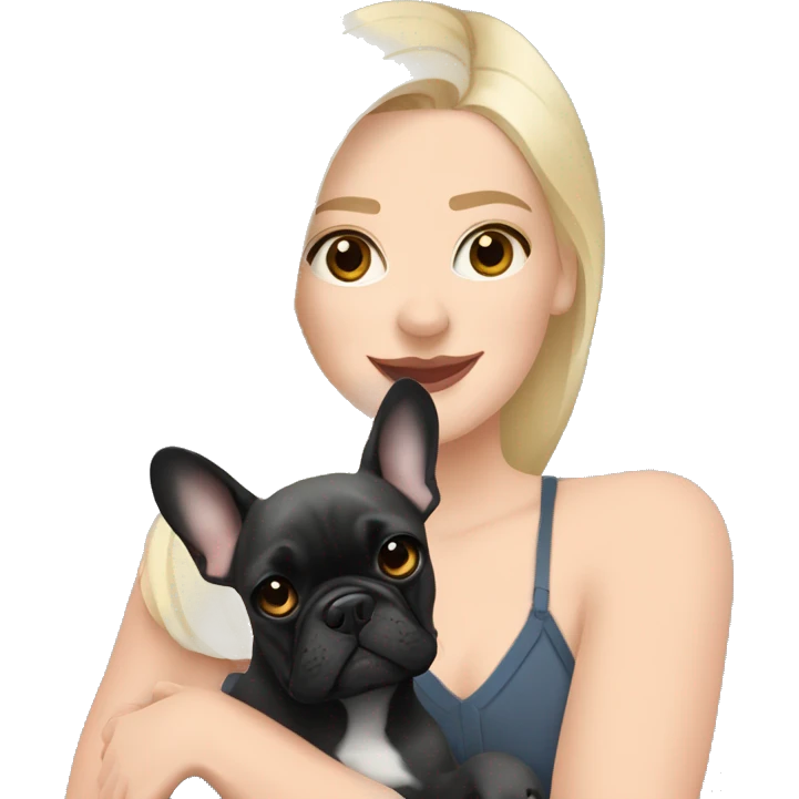  blonde Woman hugging a black brindle French bulldog and a dark gray french bulldog emoji