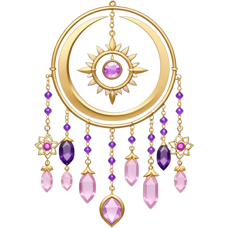 Epic beautiful gorgeous cute gold suncatcher, threads with shiny sparkly amethyst and rose-quartz gemstones, flowers, moons, stars, leaves emoji