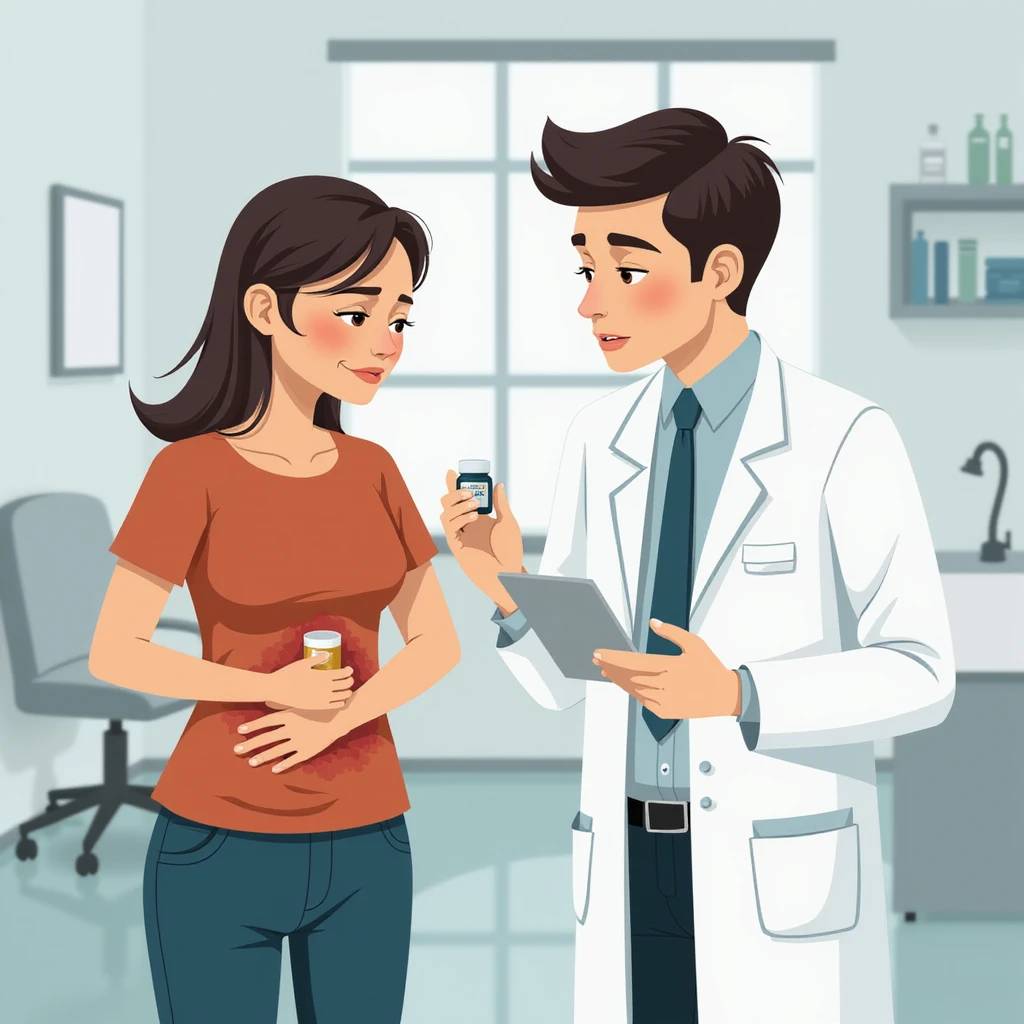 realistic illustration of a doctor in a white coat prescribing medicine to a patient holding their stomach or head in pain, the doctor appears detached, clinic background, atmosphere suggesting medicine only covers symptoms emoji