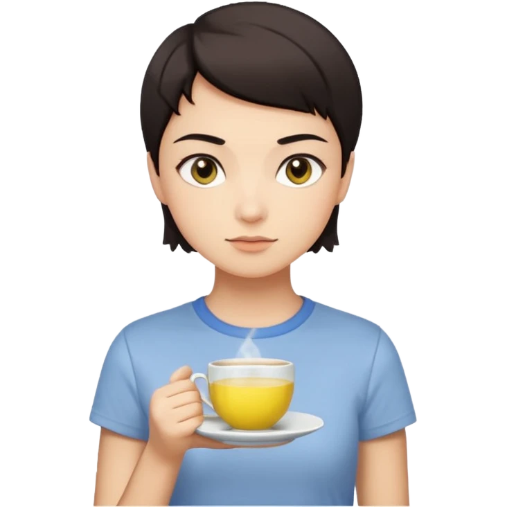 человек с короткими тёмными волосами и круглым лицом. У него спокойное, нейтральное выражение лица, тёмные глаза, аккуратные брови. Он стоит прямо на фоне светлой стены. На нём светлая футболка с небольшим рисунком. В целом образ выглядит простым и аккуратным. В руках чай с лимоном emoji