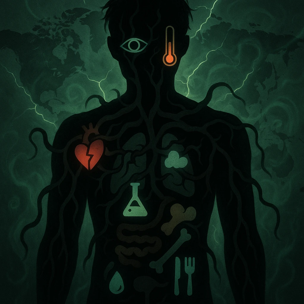 semi-realistic, medical-fantasy human silhouette, parasite tendrils reach organs, each organ with a medical symbol (⚡, 💔, 💨, 🧪, 💩, 🦴, 🌡️, 👁️, 💧, 🍽️), world map, glowing cracks, green mist emoji