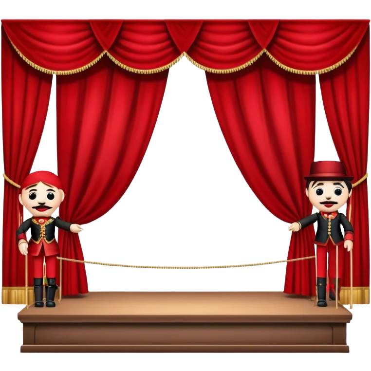 Icon for Puppet Theater: a puppet stage with curtains and marionettes performing on stage. The icon should represent the charm and artistry of puppet theater, with focus on the puppet and the stage setting. Transparent background. emoji
