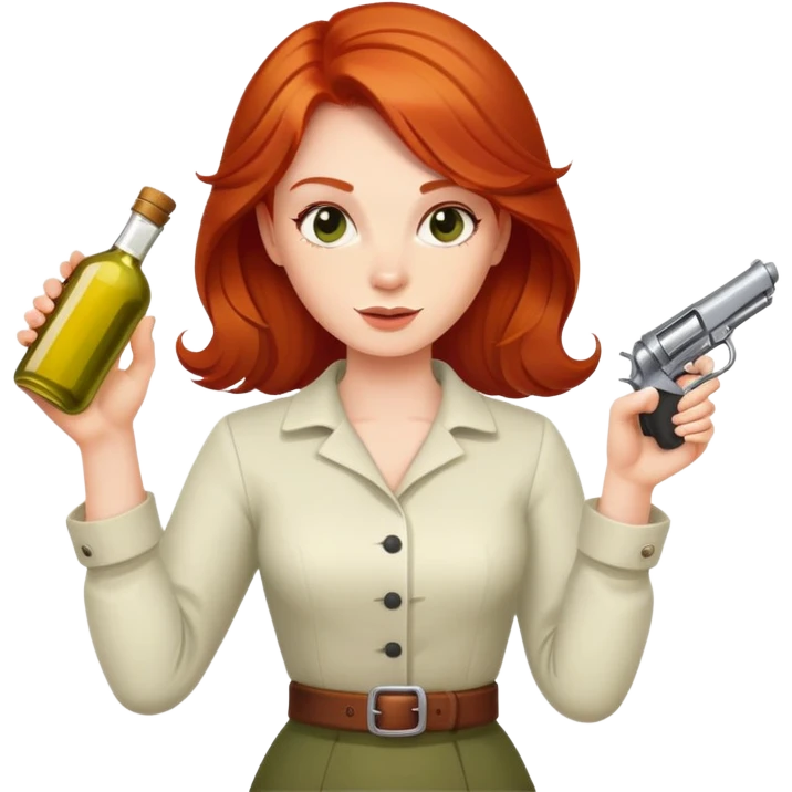 redhead person holding olive oil bottle like a pistol, playful pose emoji