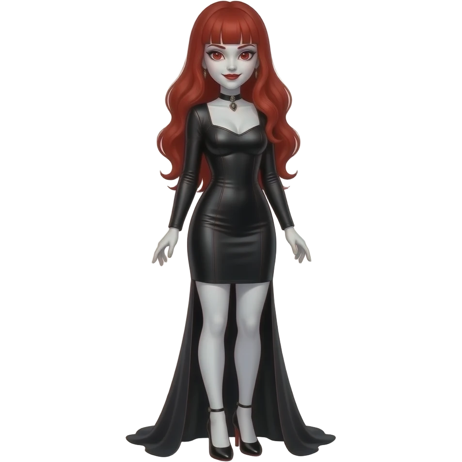 Vampiro femmina con pelle bianca capelli lunghi  rossi ondulati e la frangetta che indossa un abito stretto in vita e largo sotto lungo nero con maniche lunghe e con tacchi alti emoji