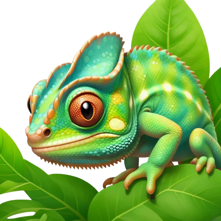 cinematic cute-smiling baby chameleon-realistic emoji,-blending-with-vibrant-greenery.-detailed-scales-in-shifting-colors,-showing-the-chameleon’s-ability-to-camouflage.-soft-natural-light-highlights-its-texture.-light-background, zoomed into its face emoji