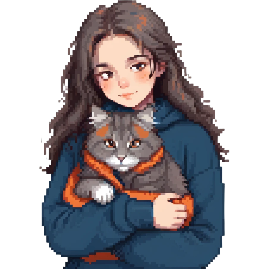 Brunette girl with dark blue sweatshirt snuggling a fluffy grey Siberian cat emoji