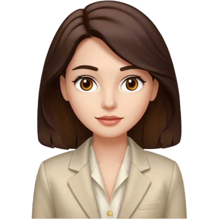 Tom de pele: clara com fundo rosado
Cabelos: longos, castanho escuro, levemente ondulados
Sobrancelhas: bem definidas e cheias
Olhos: castanhos claros (podem ser destacados com brilho)
Traços marcantes: lábios cheios e sorriso suave
Roupa: blazer branco acinturado, top de seda bege por baixo emoji