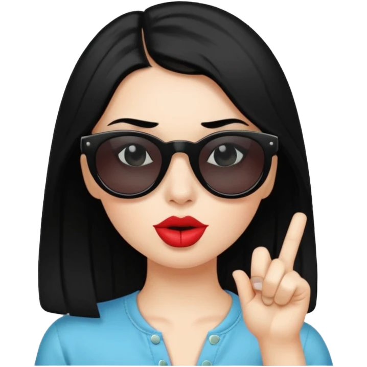 White girl with sunglasses and black hair saying shhhh emoji