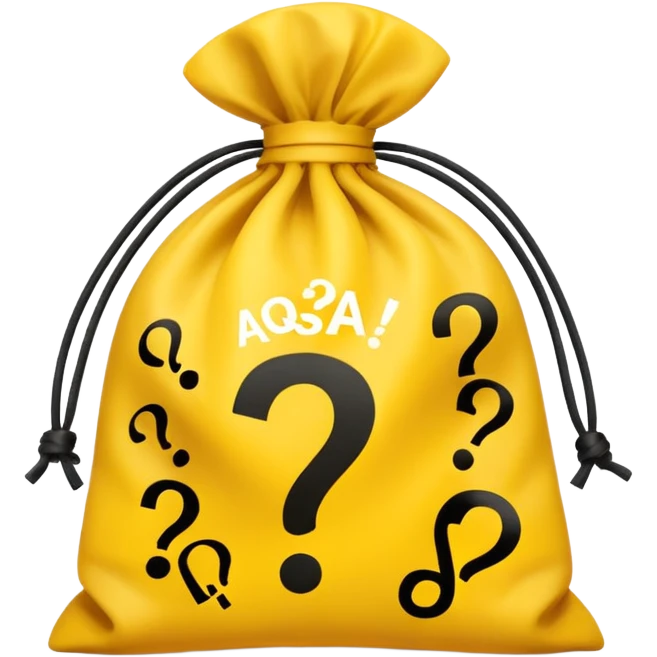 tied bag printed with q&a overstuffed with yellow question marks emoji