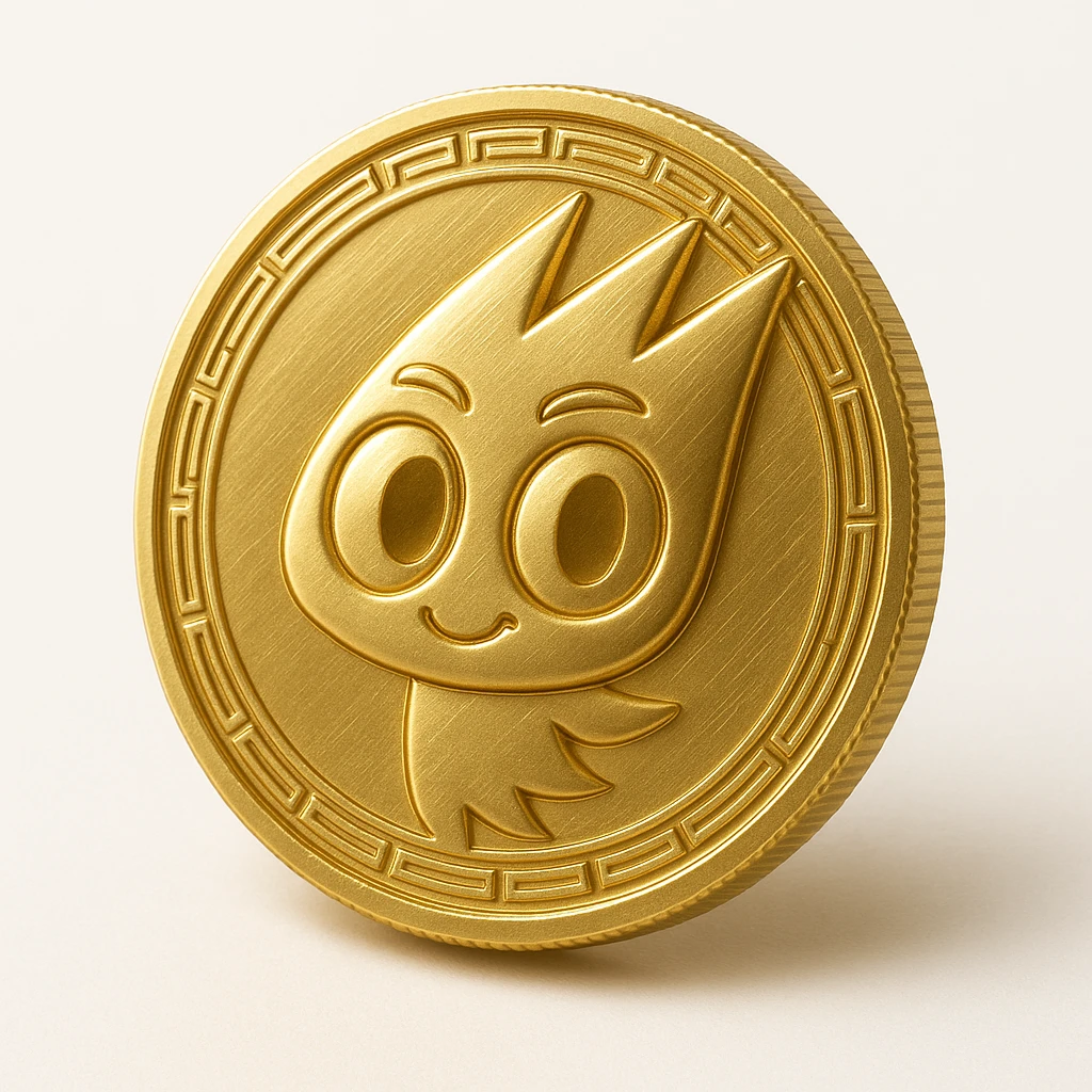 Replace the character on the flat gold token with the mascot's head from the provided image. The token remains flat, gold, and centered, with the mascot's head rendered entirely in gold to match the token, no text or extra elements. emoji