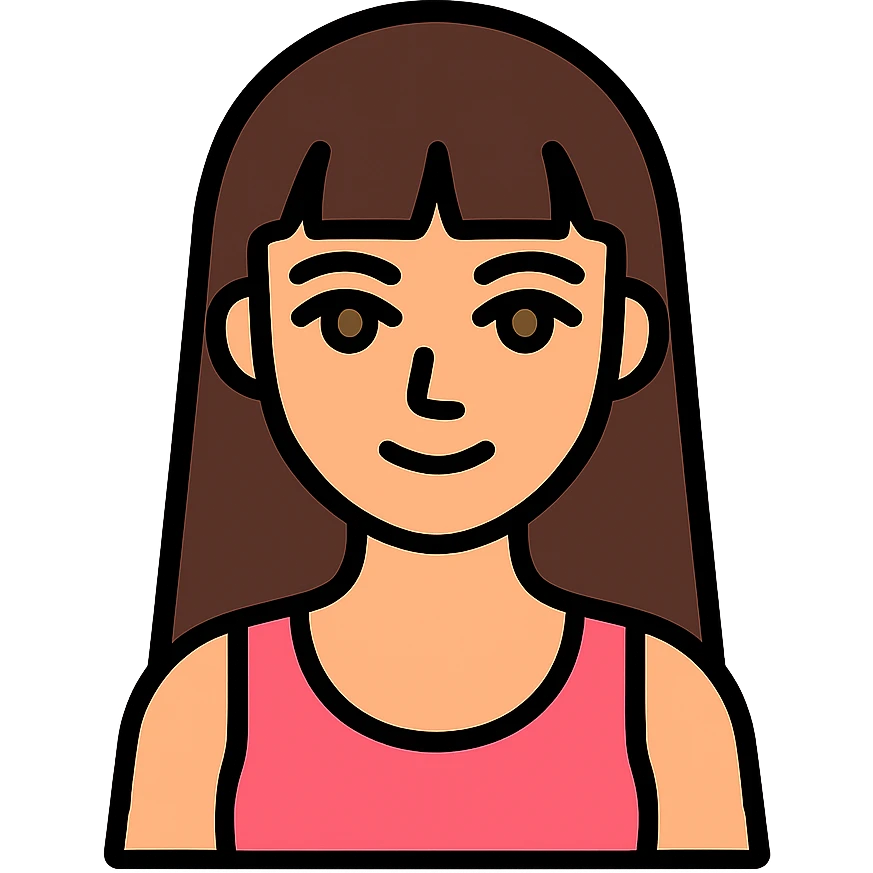 modern icon of an American girl with long brunette hair and classic bangs, wearing a pink tank top, hazel siren eyes, skinny, clean lines, minimal detail, flat color emoji