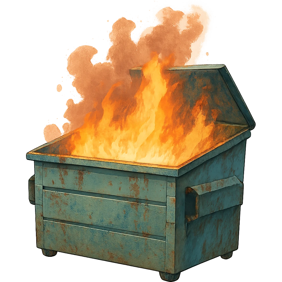 a dumpster, no lid, the lid is open, on fire emoji
