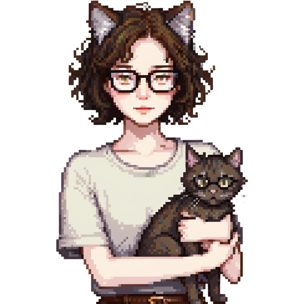 Cat-lady with dark brown hair, square glasses, hazel eyes, and pale skin emoji