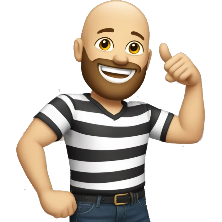 Bald, bearded man, smiling, striped shirt l, black pants, leaning on a bar, giving thumbs up emoji
