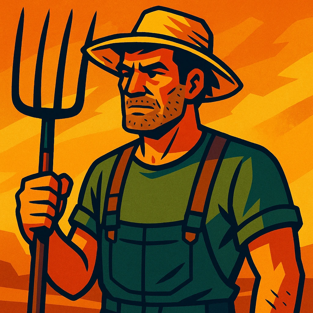 vibrant toon style illustration of a rugged middle-aged farmer, sun-bleached face, black hair, strong jaw, stubble, green trousers, suspenders, green T-shirt, straw hat, holding pitchfork, dramatic warm golden-brown background, bold lines, mix of warm and cool lighting, rustic rural America vibe emoji