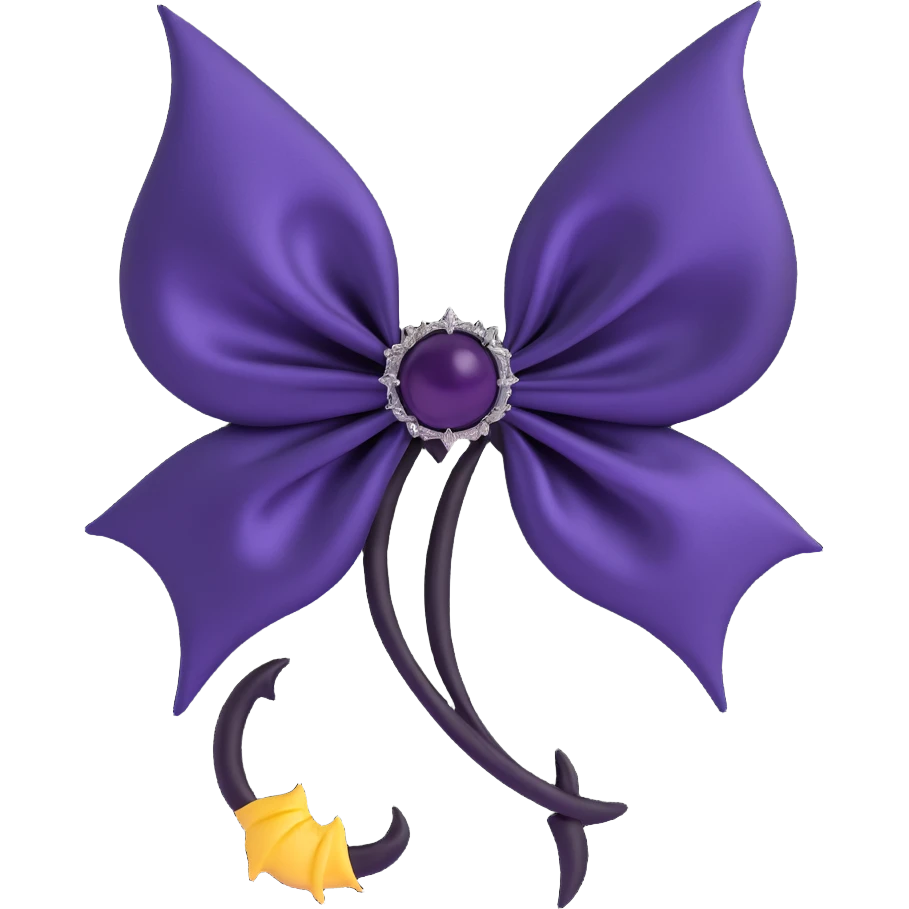 gothic bow, midnight purple silk, silver bat brooch, black feather accents, mysterious and lush emoji