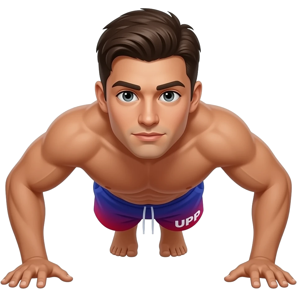 man-in down position of  doing-push-ups shirtless, nice tan, "UPP" written on his purple to blue to red gradient shorts emoji