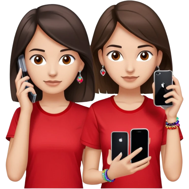 brunette girl with wavier medium length hair, brown eyes, light/medium skin tone, holding two phones - one iPhone and one plain black phone without Apple logo, wearing red Adidas t-shirt, simple silver hoop earrings, and a colorful beaded charm necklace emoji