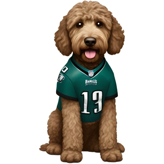 Brownish Labradoodle dog wearing a Philadelphia eagles jersey emoji